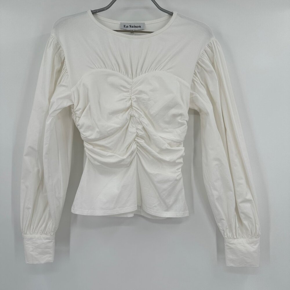 En Saison Ivory Della Blouse size S Long Balloon Sleeve Illusion Bustier Cotton